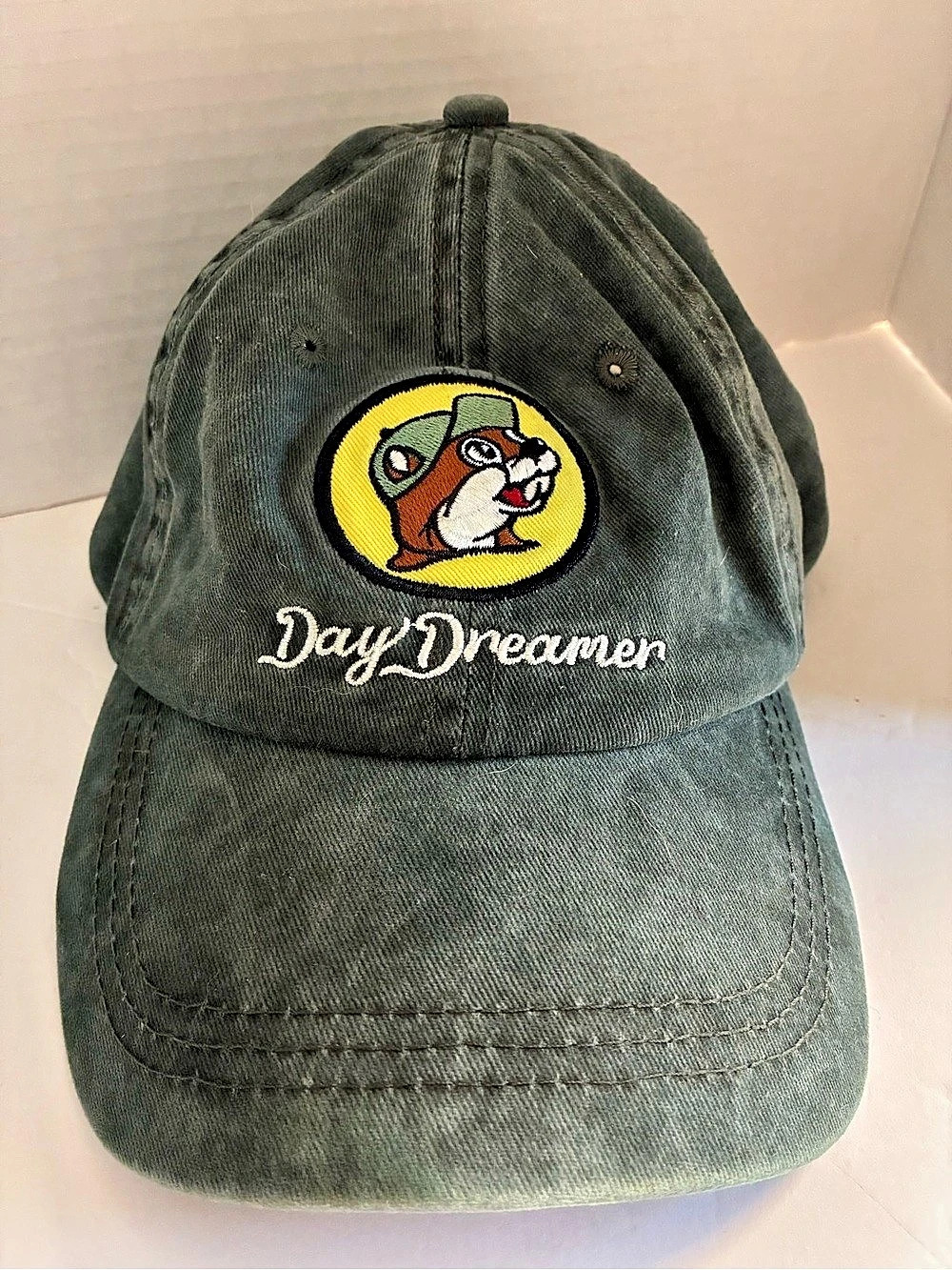 Buc-ee's Day Dreamer Beaver Patch Distressed Baseball Cap Green & Yellow